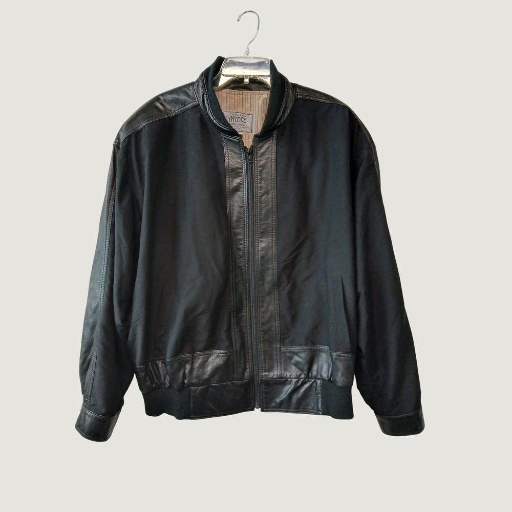 Vintage 80s 90s Leather Bomber Jacket Mens 44 Made in Canada Black Mixed Media